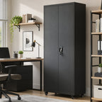 Metal Storage Cabinet, 180 cm Tall Lockable Steel Tool Cabinet with Removable Wheels and Adjustable Shelves, Black