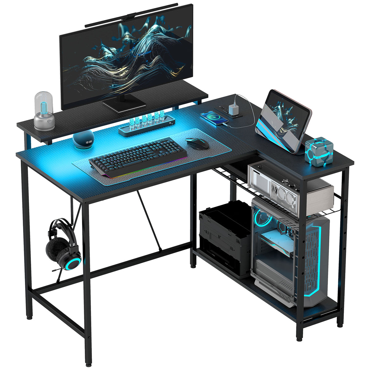 Schreibtisch L Form mit LED, Steckdosen, USB, Umkehrbar Computertisch mit Regal, 107 x 80 x 90 cm, Schwarz