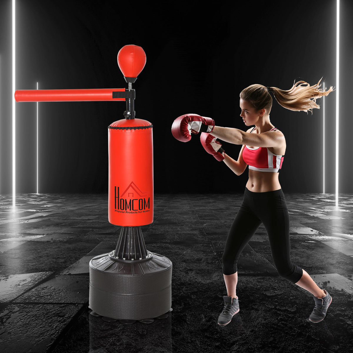 155-205cm 3-IN-1 Freestanding Boxing Punching Bag Stand, Boxing Speed Trainer with Rotating Flexible Arm, Speed Ball, Fillable Base, Red