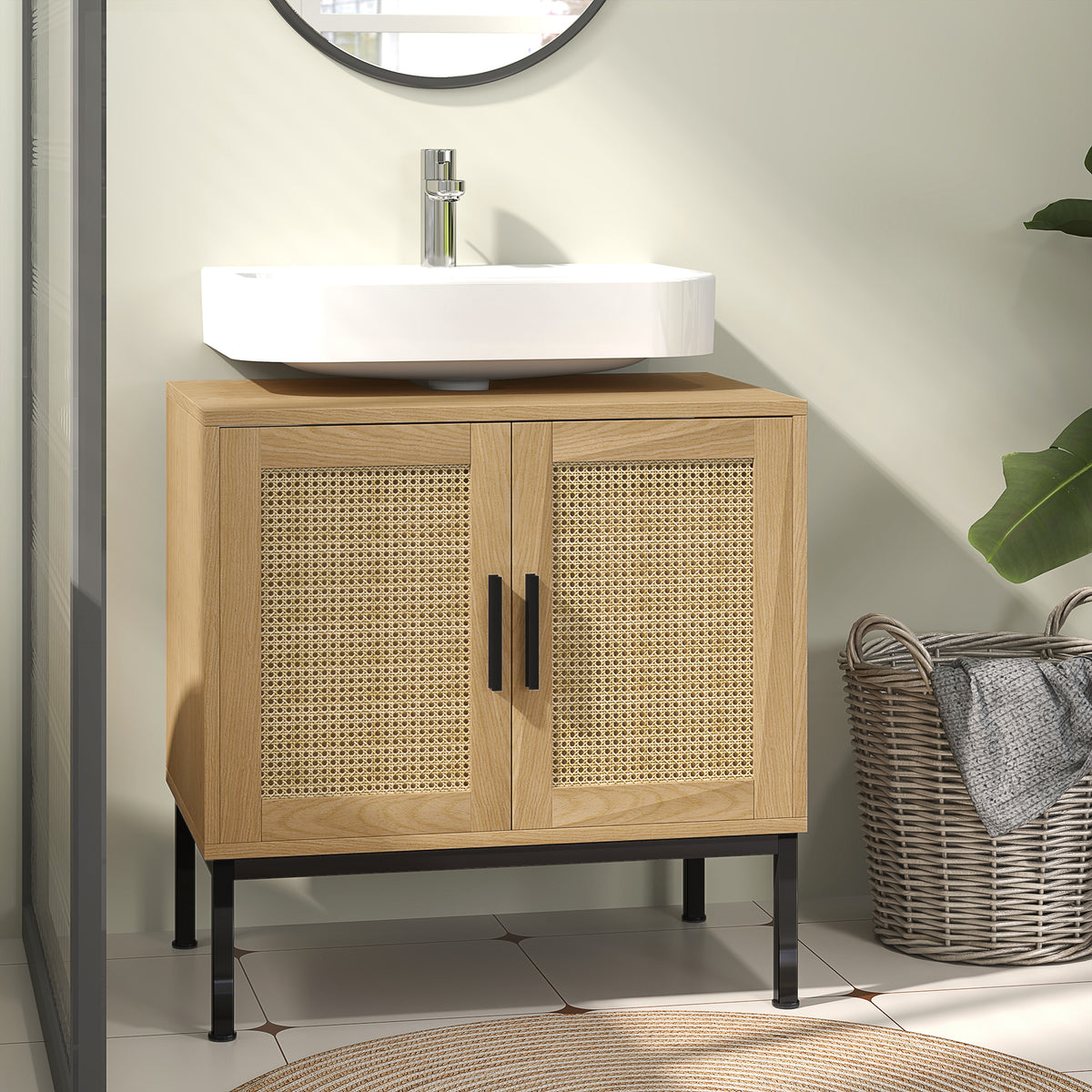 Badezimmerunterschrank, im Boho-Design, Badezimmerschrank, Rattan-Elemente, mit U-Ausschnitt, Eiche