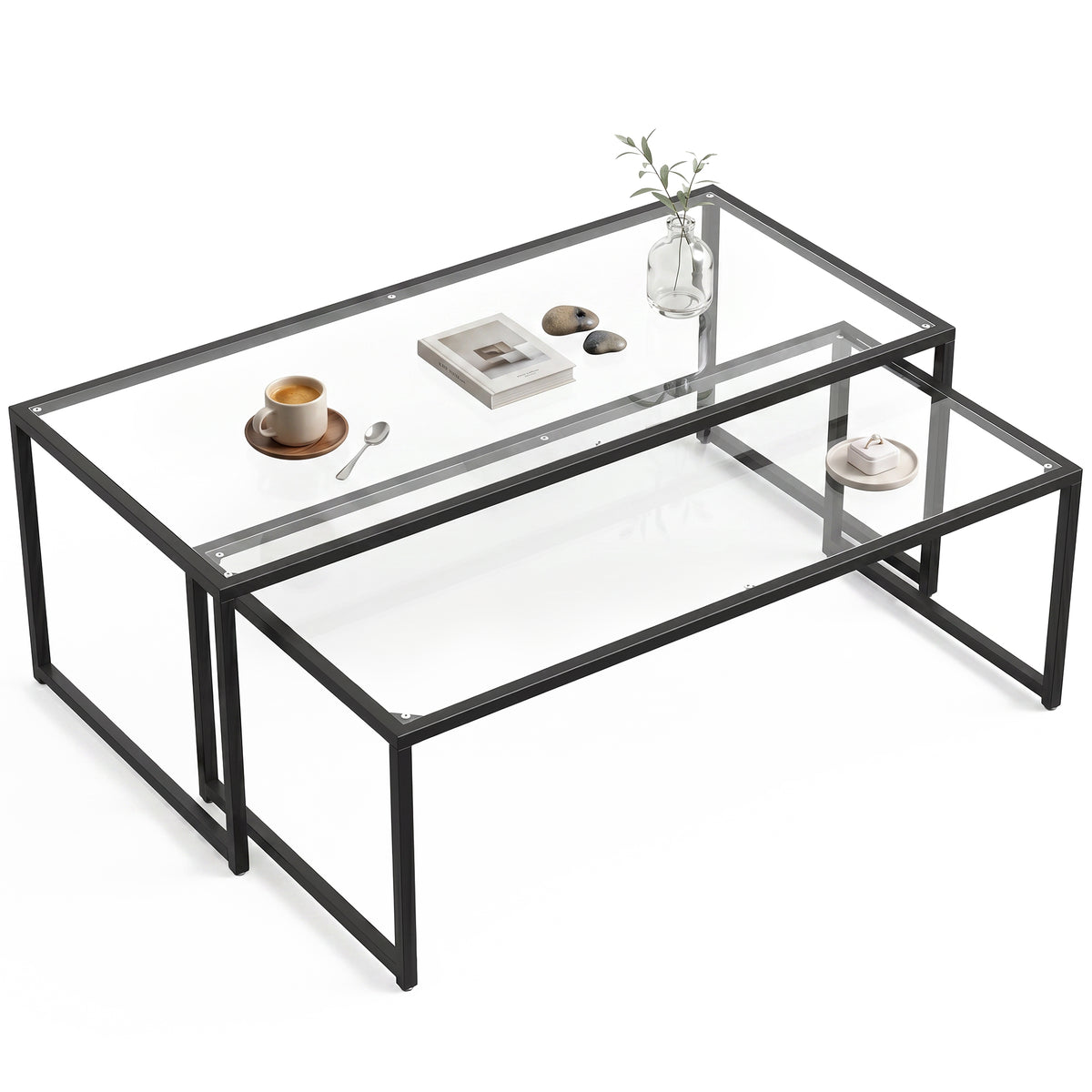 2er-Set Couchtische, Glastische, mit pulverbeschichtetem Stahl, Schwarz + Transparent