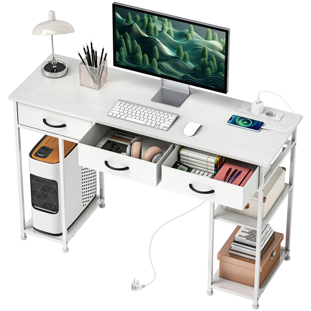 Schreibtisch Küchentisch mit 2 USB-Ladeanschlüssen 2 Steckdosen verstellbare Regale 3 Stoffschubladen 120x40x76 cm Weiß