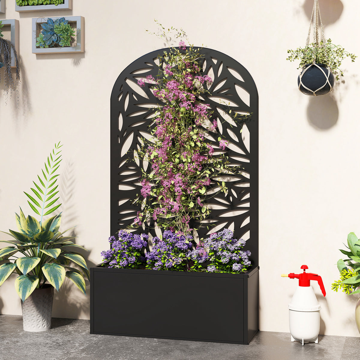 Metal Garden Bed for Garden with Trellis, Wall Mounted or Freestanding Raised Planter with Curved Privacy Screen
