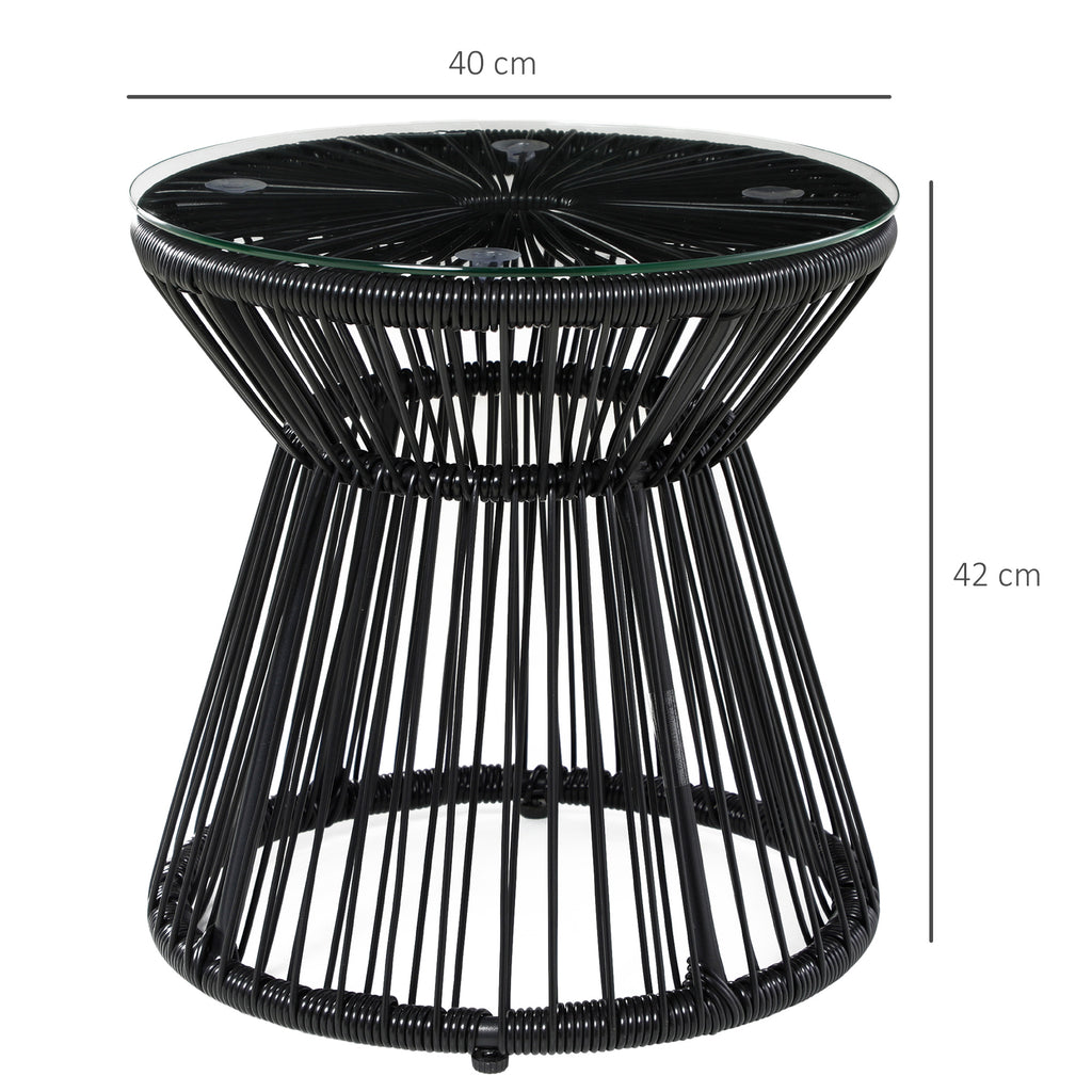 Round End Table, Rattan Side Table, Hollow Drum Design Coffee Table w/ Glass Tabletop for Patio, Garden, Balcony Black