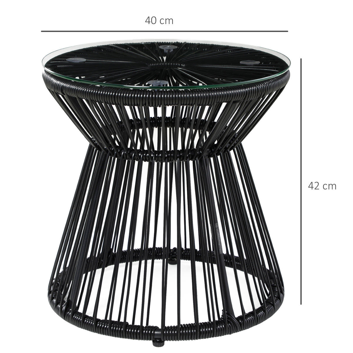 Round End Table, Rattan Side Table, Hollow Drum Design Coffee Table w/ Glass Tabletop for Patio, Garden, Balcony Black
