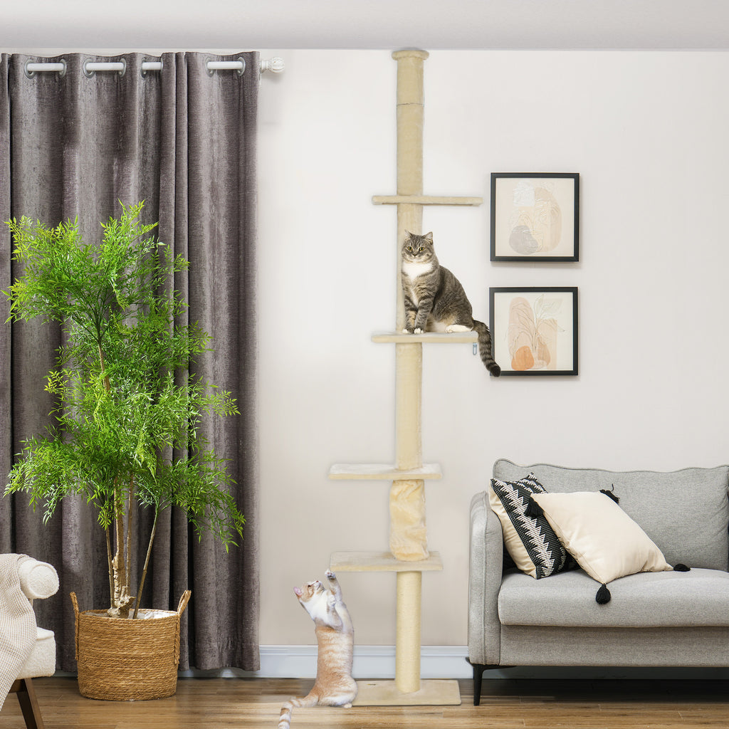 Kratzbaum, verstellbare Höhe 225-275 cm, stabile Basis, Kippschutz, Plüschbezug, Cremeweiß