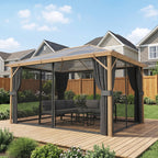 Gartenpavillon ca. 4x3m Aluminium Pavillon mit Polycarbonat-Dach 6 mm Moskitonetz 4 Seitenteile Holzoptik Naturholz