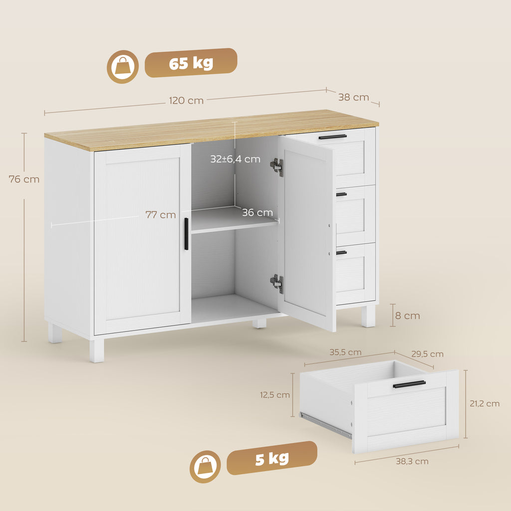 Sideboard Soft-Close-Türen, 3 Schubladen 120 x 38 x 76 cm Weiß