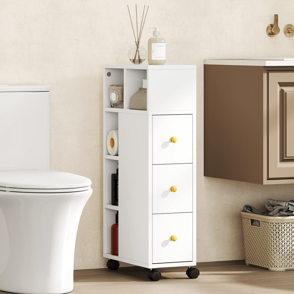 Badezimmerschrank Schmal, Badschrank mit 4 Rollen, 3 Schubladen, 5 offenen F?chern, 20x40x80cm, Wei?