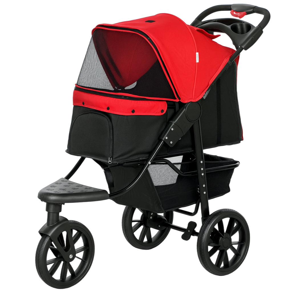 Hundewagen klappbar Hundebuggy bis 10 kg mit 3 Rädern, Netzfenstern Getränkehalter Ablagekorb 109,5x57,5x106,5 cm Rot