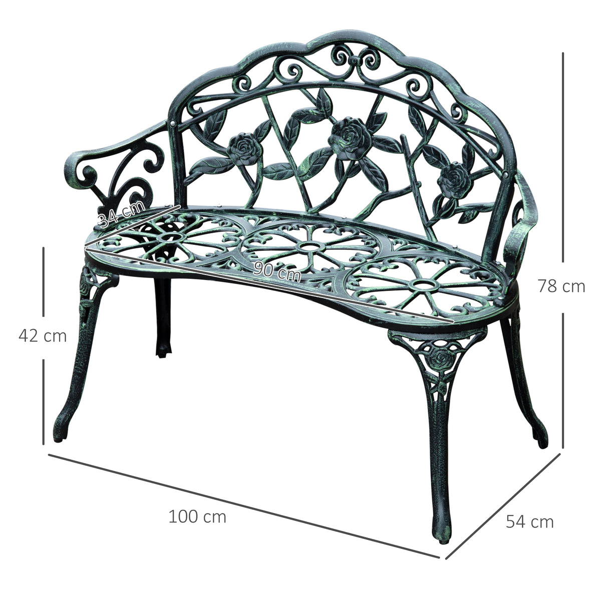 Cast Aluminium Garden Bench - Vintage Green
