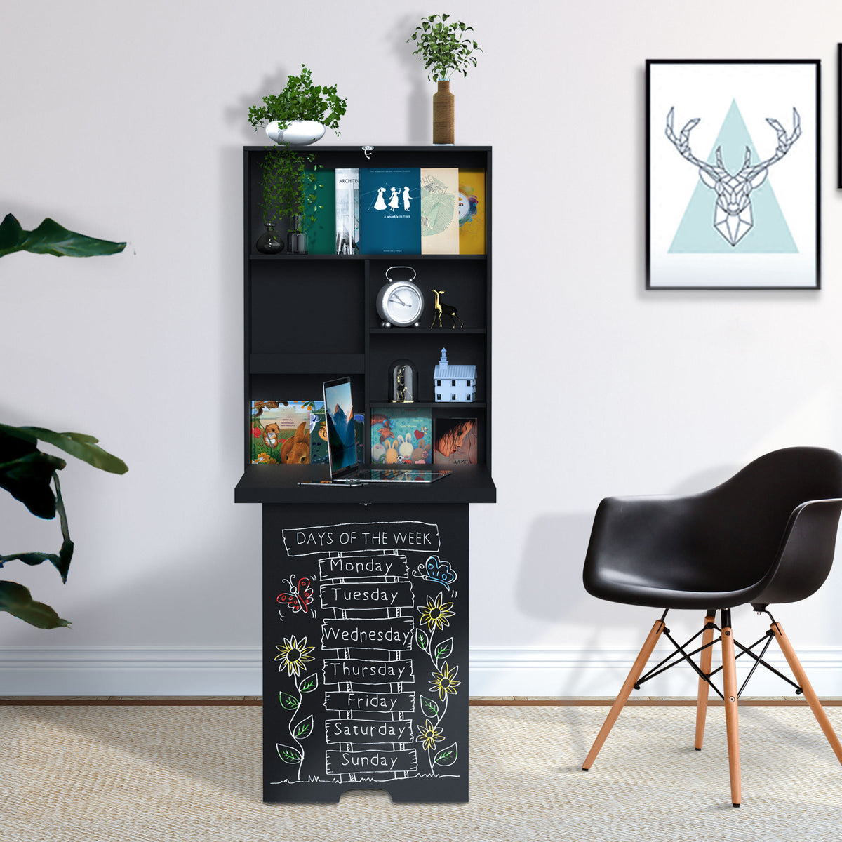 Wandklapptisch Wandschreibtisch, inkl. Schreibtafel, 60 cm x 94,5 cm x 147 cm, Schwarz