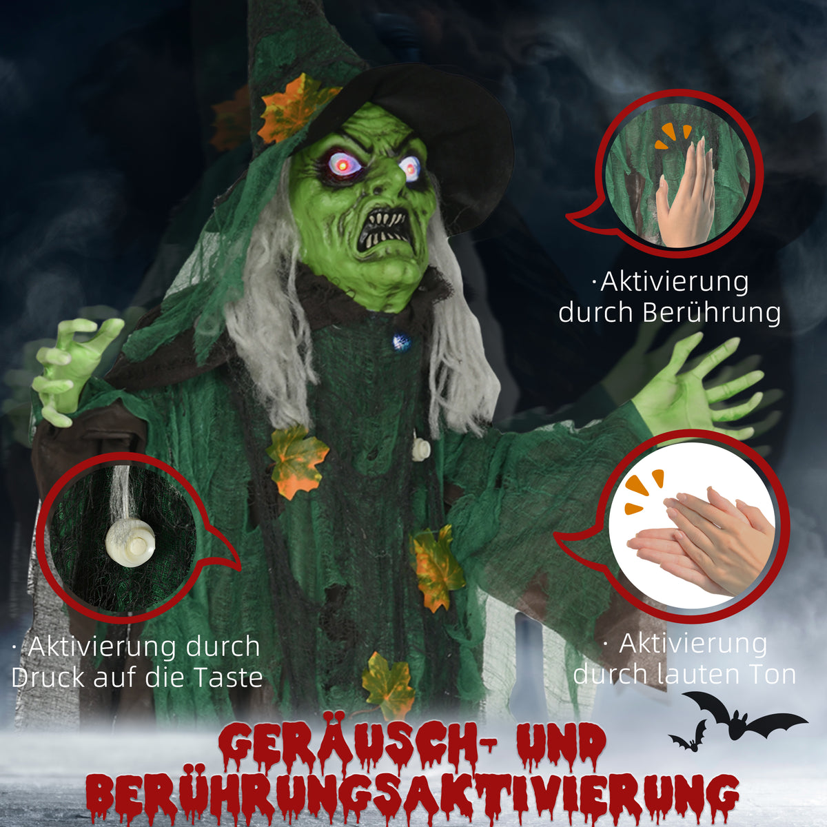 6ft Halloween Witch Decoration, Outdoor Activated Prop with Light Up Eyes Magical Heart, Sound Activated