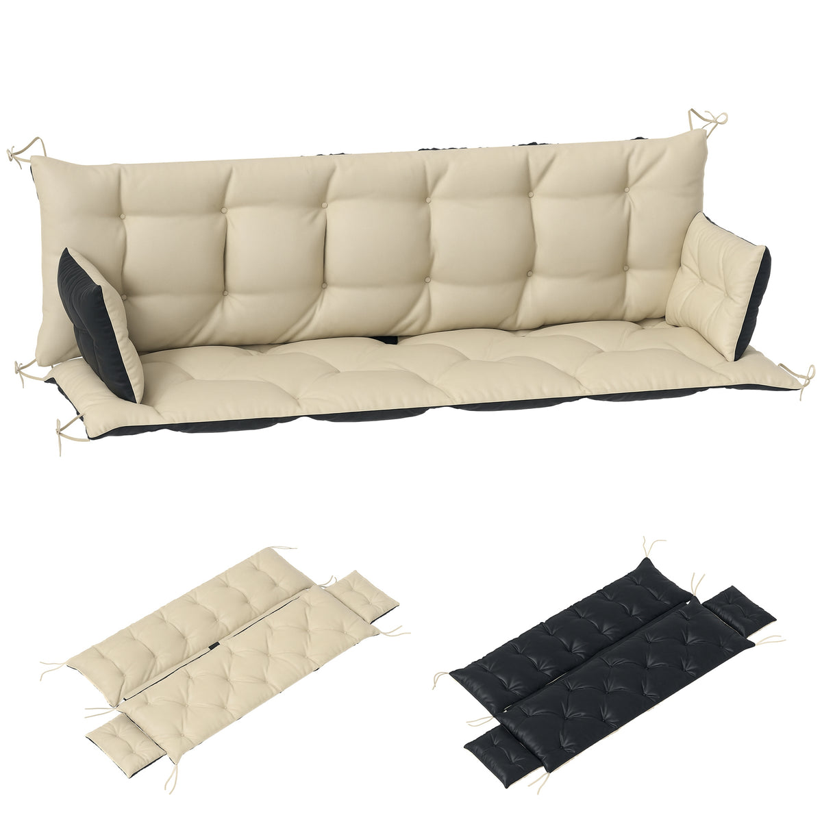 Outdoor-Kissen-Set für Bank oder Hollywoodschaukel, zweifarbig, Polyester, Schaumstoff, 180 x 110 x 8 cm, Beige+Schwarz