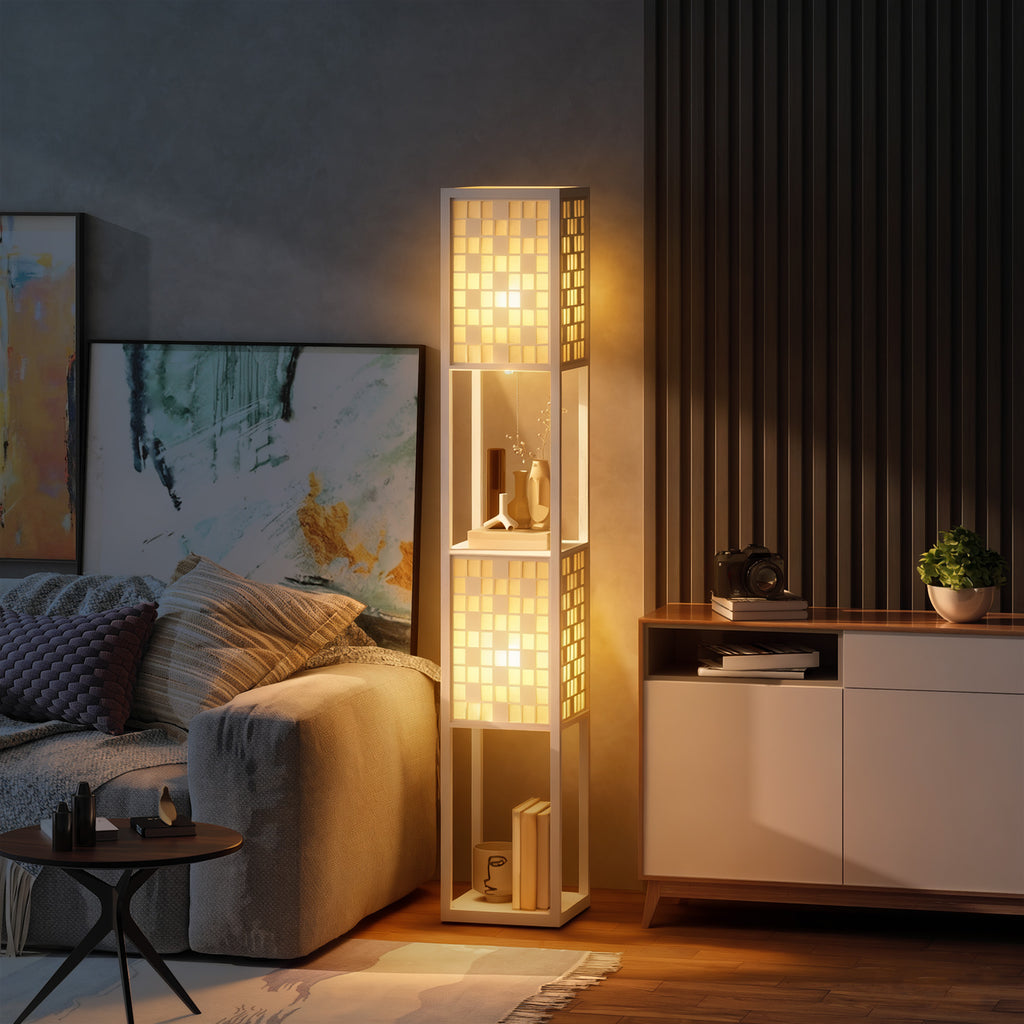 Stehlampe, Gittermuster, 2-Ebenen-Regale, für verschiedene Glühbirnen, Weiß