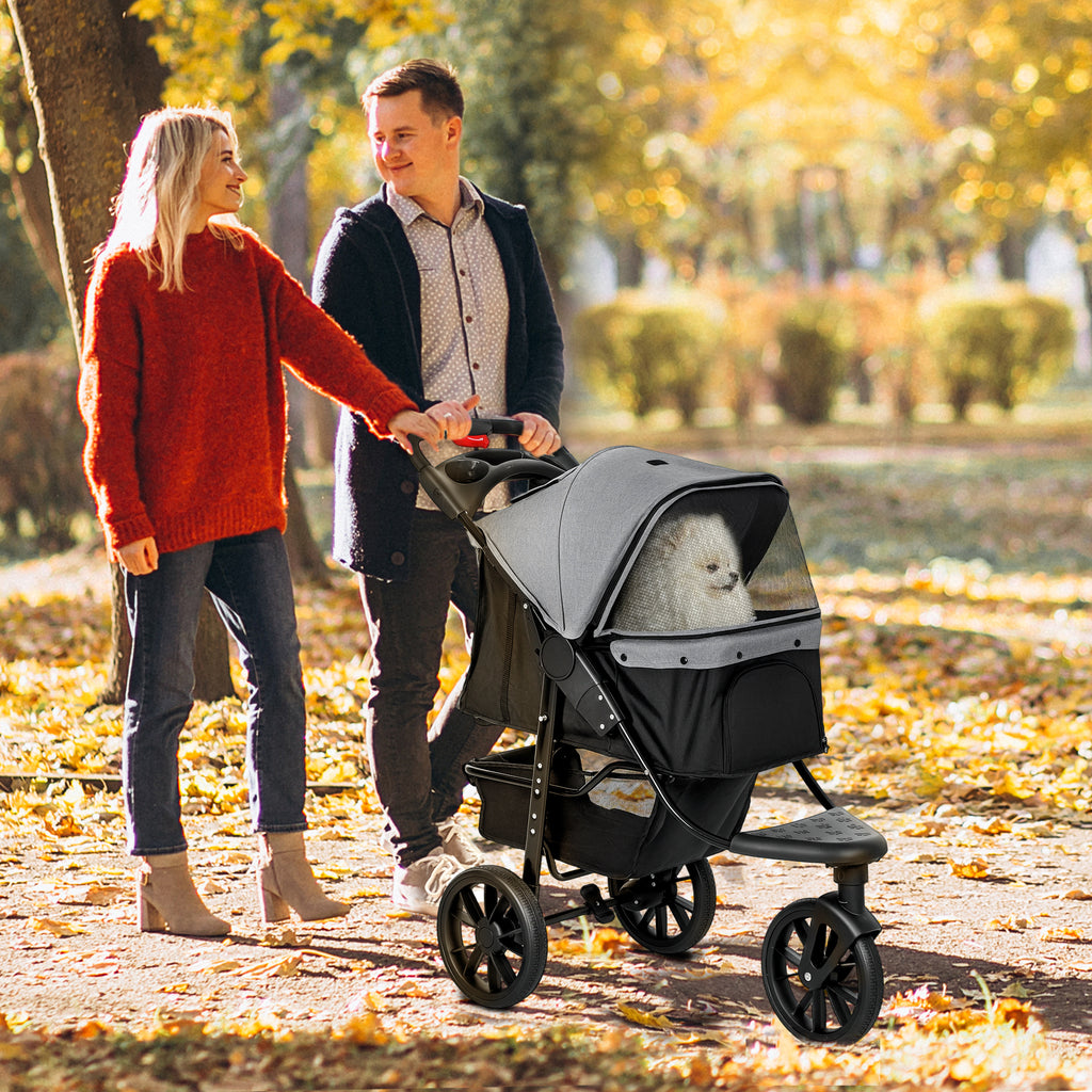  Dog Stroller Foldable Pet Pram, 3 Wheels Dog Pushchair with Brake, for Small Miniature Breeds, Cats, Grey
