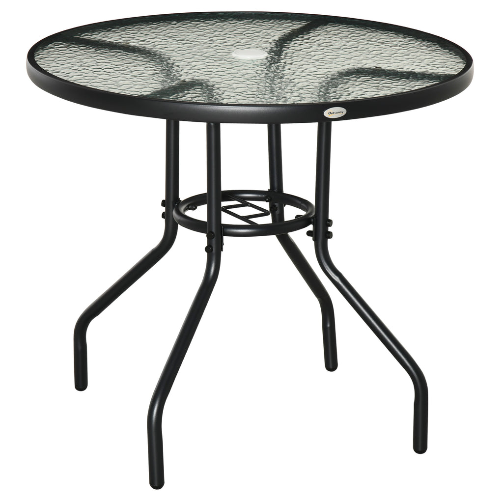 80 cm Round Dining Table with Parasol Hole, Outdoor Coffee End Side Table with Tempered Glass Top, Steel Frame for Garden, Black