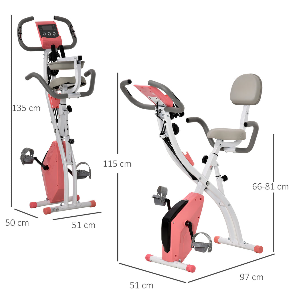 2-in-1 Folding Exercise Bike with 8-Level Magnetic Resistance, Arm Resistance Band, Pulse Sensor, Pink