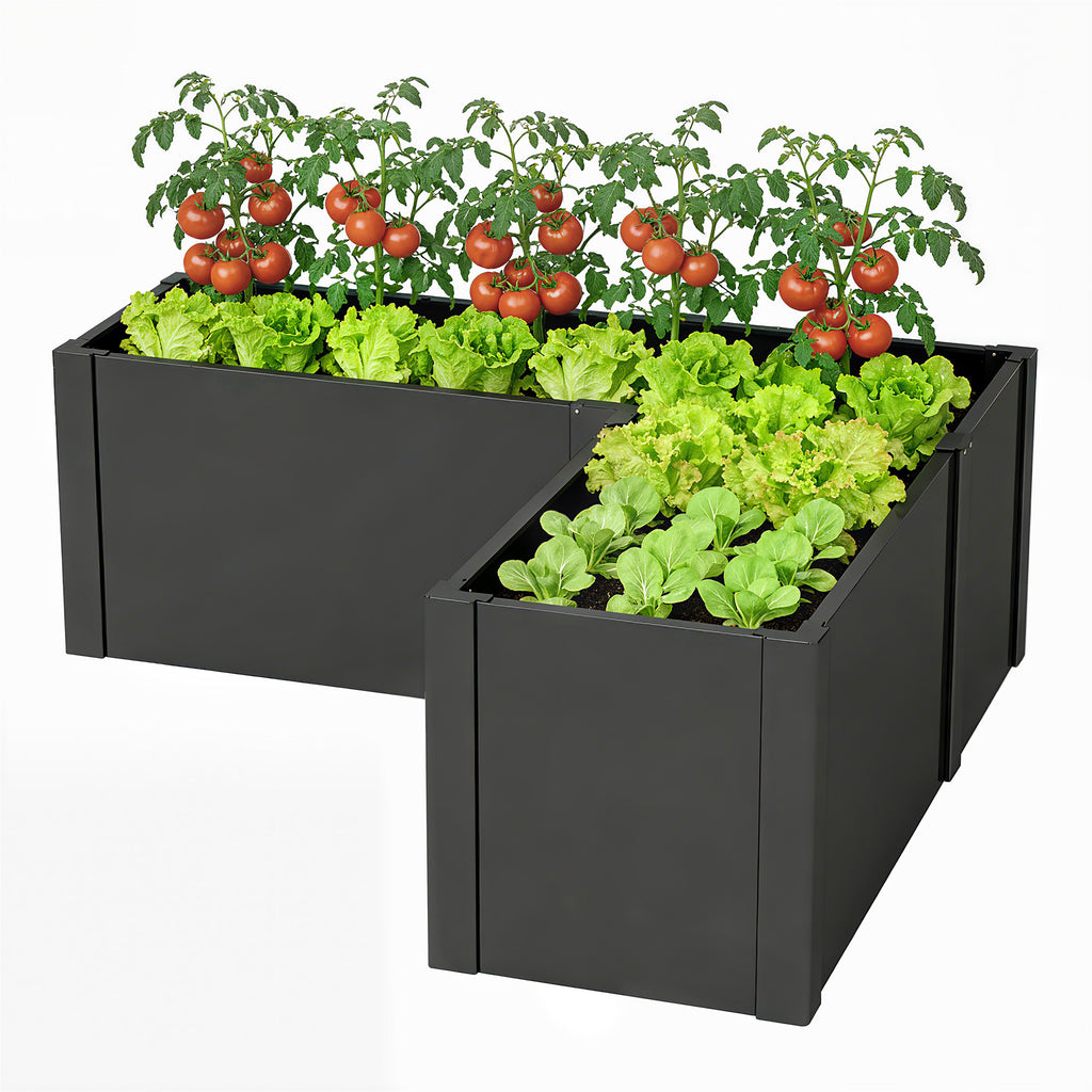 Hochbeet L-förmig Blumenhochbeet witterungsbeständig, Pflanzbeet Frühbeet aus Verzinkter Stahl 150 x 150 x 55 cm Schwarz