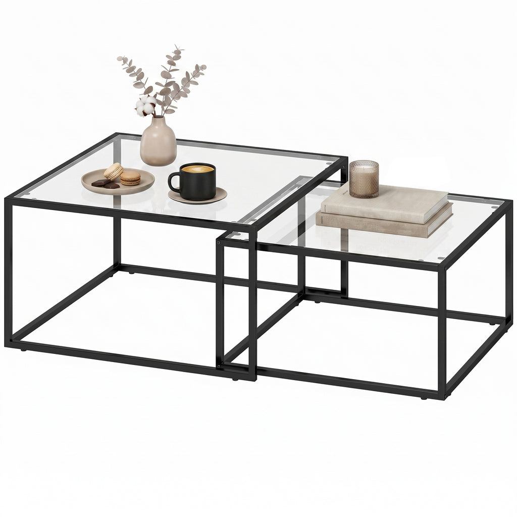 Couchtische 2er-Set Satztisch mit gehärteter Glasplatte und Metallrahmen, für Wohnzimmer Schwarz