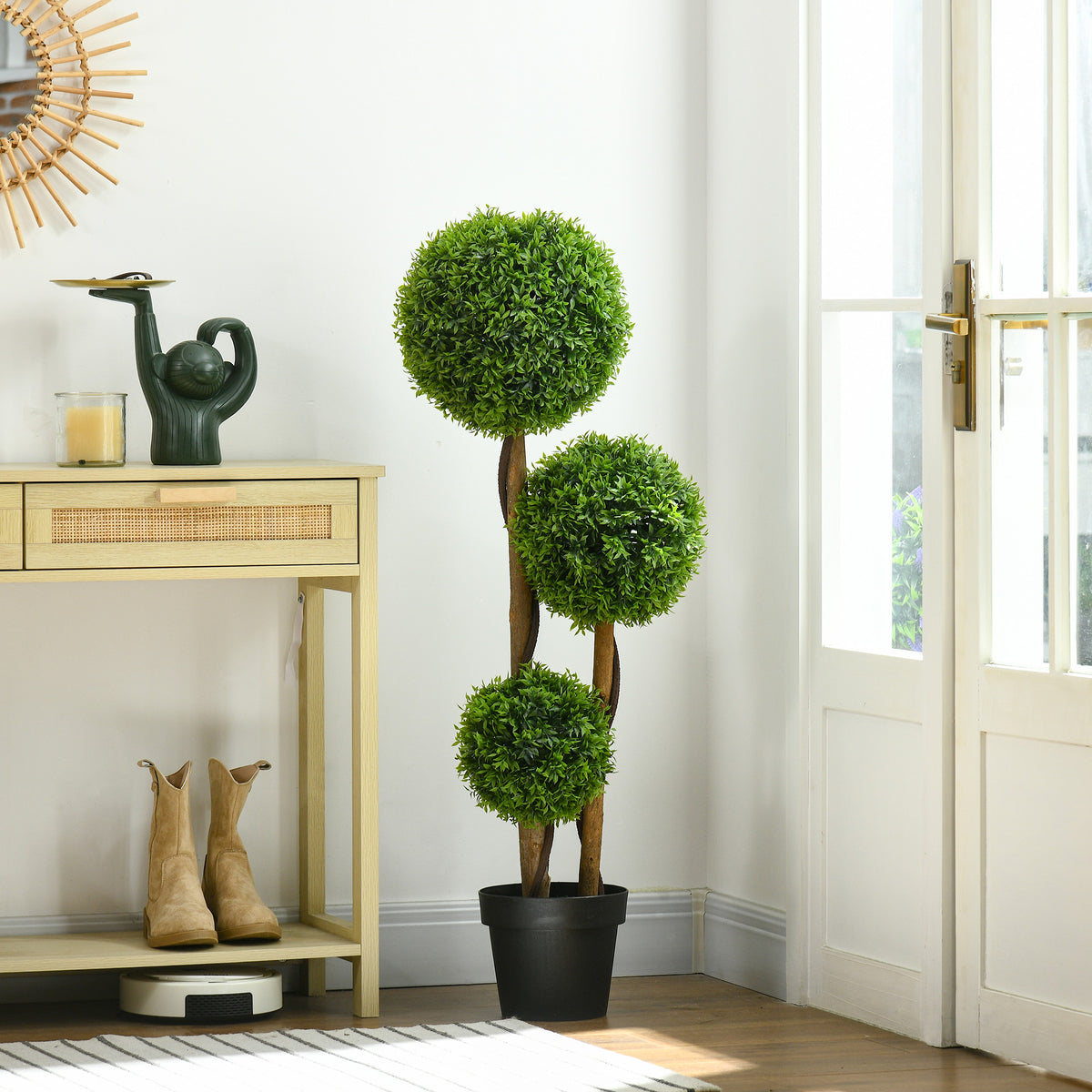 Künstlicher Buchsbaum groß 110cm, UV-beständige Kunstpflanze mit 3 Kugeln für Wohnzimmer Schlafzimmer Büro Garten