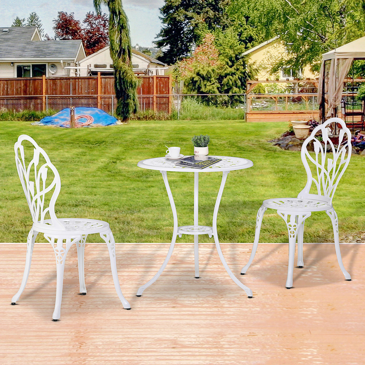 3 Piece Patio Bistro Set for 2, Outdoor Aluminium Garden Table and Chairs with Umbrella Hole for Balcony, White
