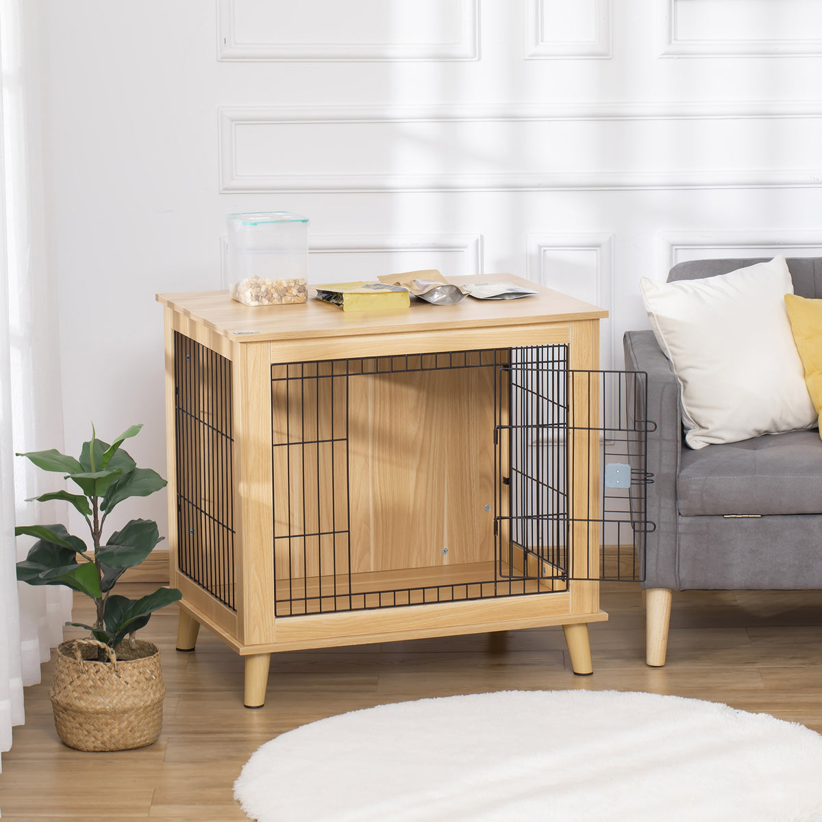 Transportbox aus Holz, Hundebox 81 cm x 58,5 cm x 76 cm Eiche Stahl Braun + Schwarz