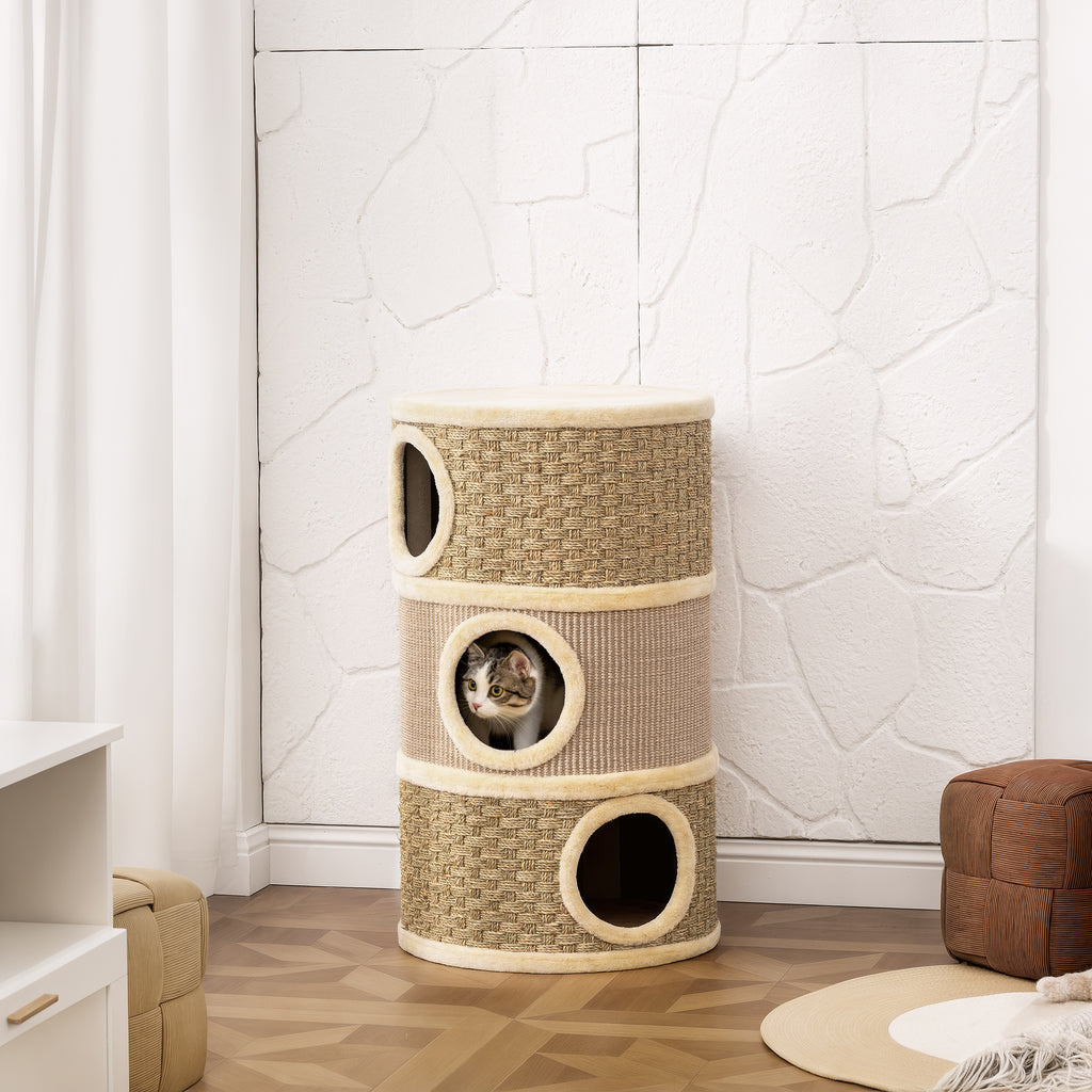 Kratztonne, 79 cm hoch, Ø45 cm, dreistöckige Katzentonne mit Sisalseil, Katzenhöhle, für große Katzen, Khaki+Braun