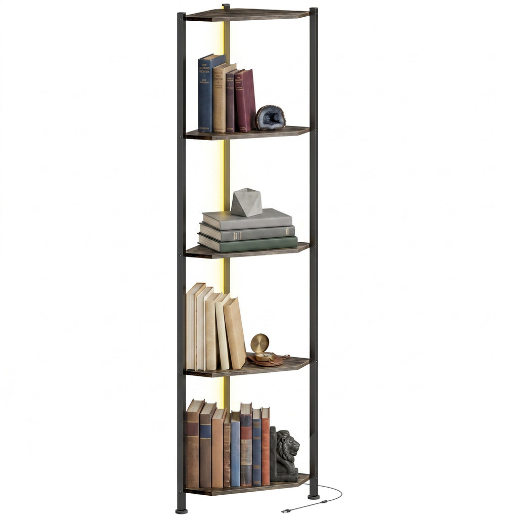 Bücherregal 5-stöckiges Eckregal mit LED-Beleuchtung für Wohnzimmer, Schlafzimmer, Büro, Rustikal Braun