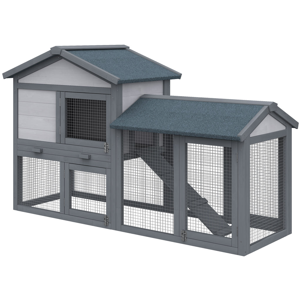 Wooden Rabbit Hutch Outdoor, Double Tier with Water-Resistant Roof, Ramp 147 x 54 x 84 cm, Grey
