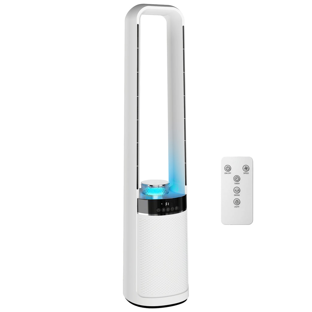 Turmventilator ohne Rotorblätter, mit 45° Oszillation, LED-Licht, 3 Geschwindigkeiten, 12-Std.-Timer, Fernbedienung