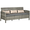  Rattan Sofa mit Kissen, Dreisitzer, Garten Loungesofa, Stahl, Grau, 173 x 68 x 78 cm