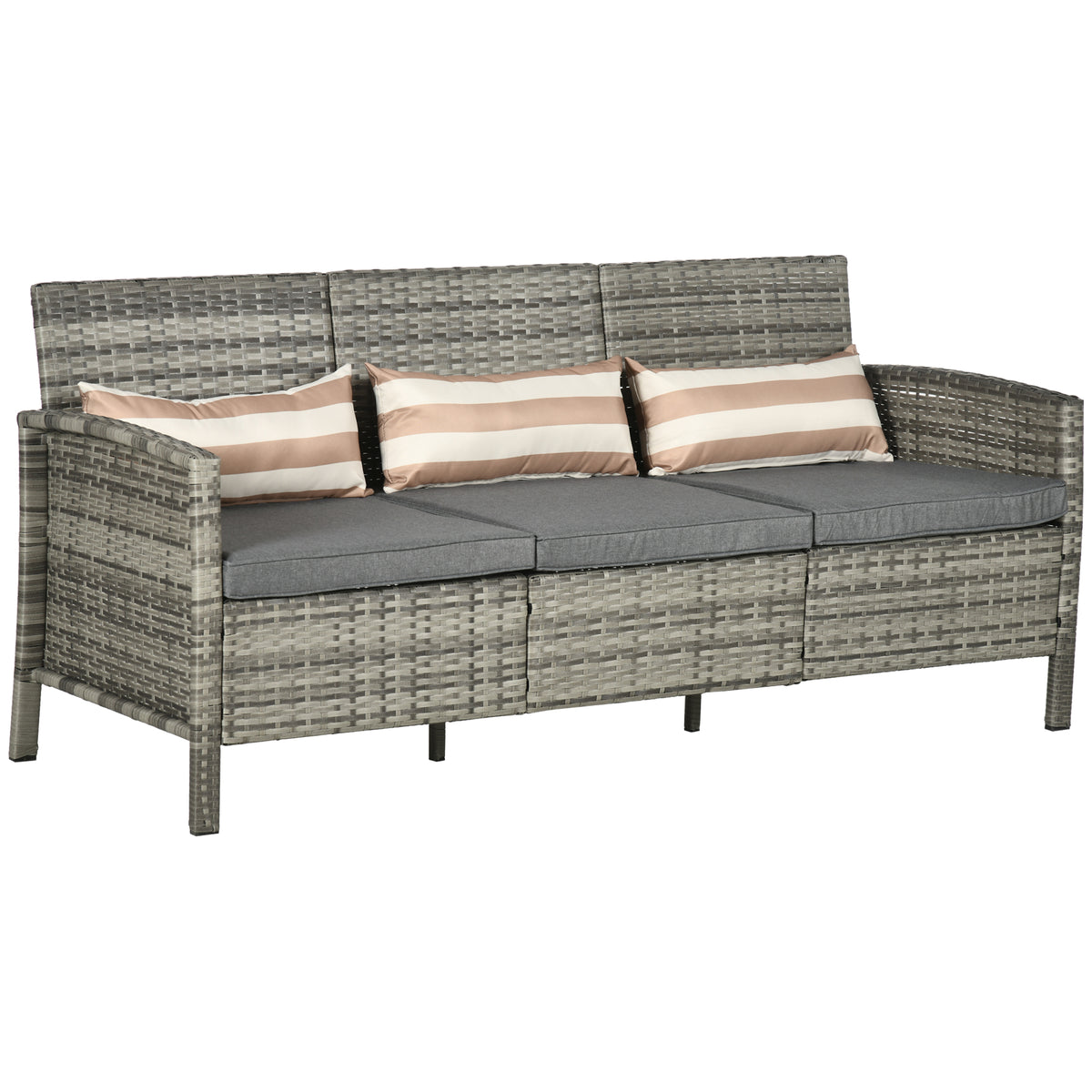  Rattan Sofa mit Kissen, Dreisitzer, Garten Loungesofa, Stahl, Grau, 173 x 68 x 78 cm