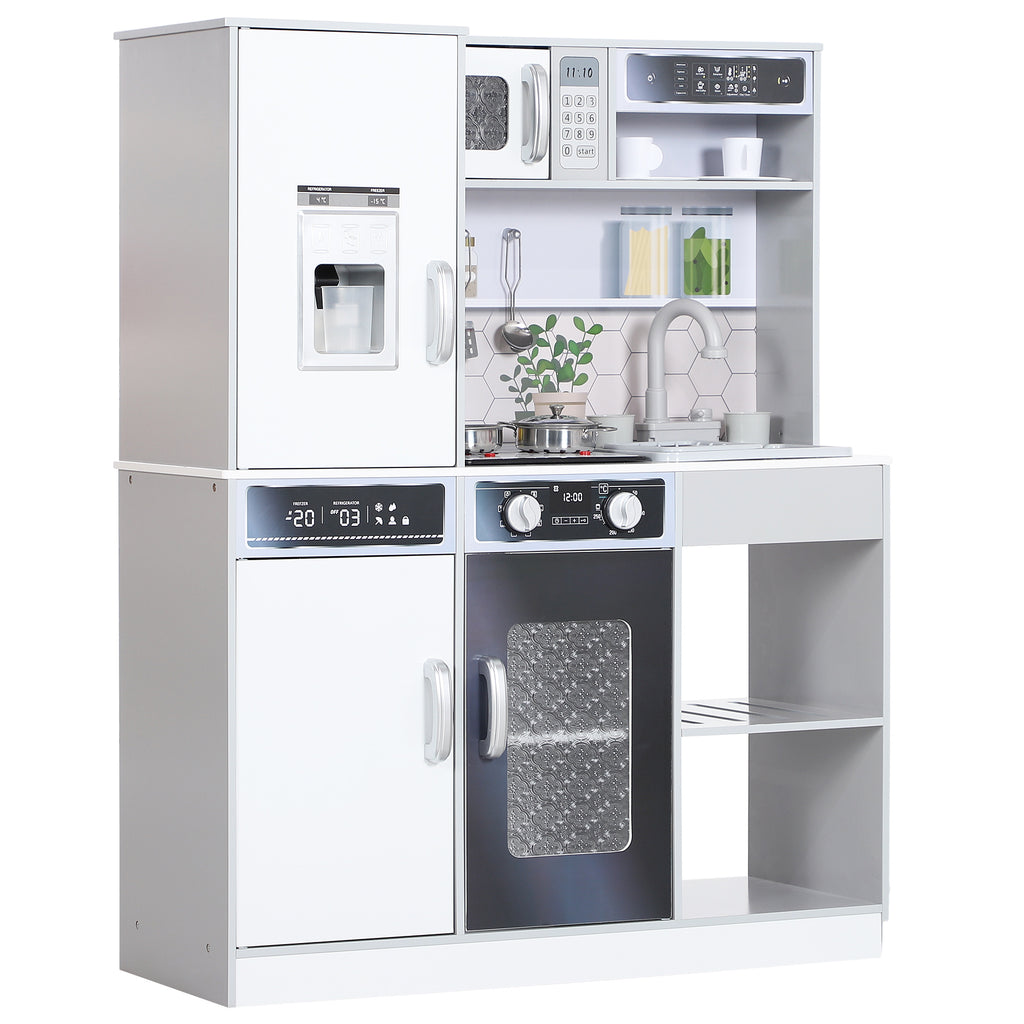 Pretend Play Toy Kitchen, Kids Kitchen Playset w/ Sounds, Lights, Running Water, Coffee Maker, Refrigerator