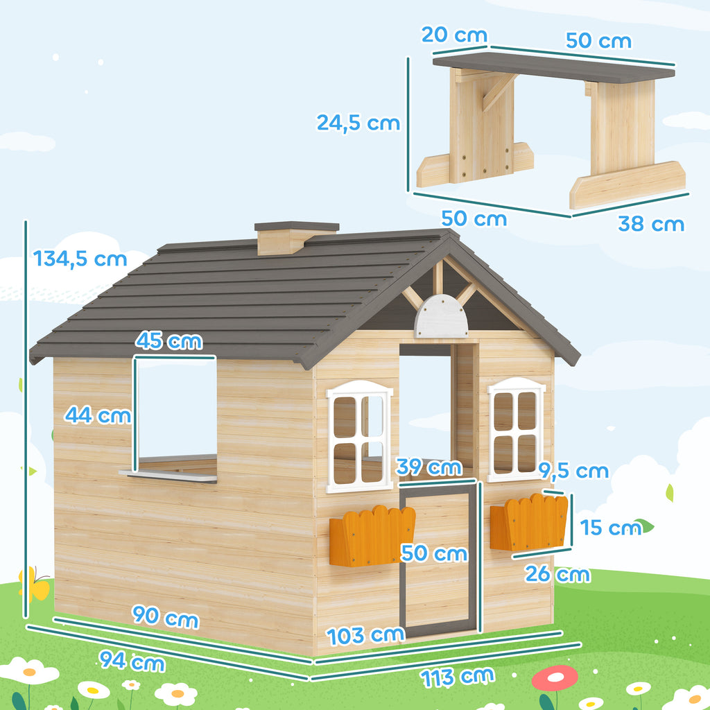 Spielhaus Kinderspielhaus aus Holz mit Tür Fenster Briefkasten Blumentopfrack Gartenhaus für Jungen und Mädchen 3-7 Jahre Kinderspielzeug für Outdoor & Indoor Natur