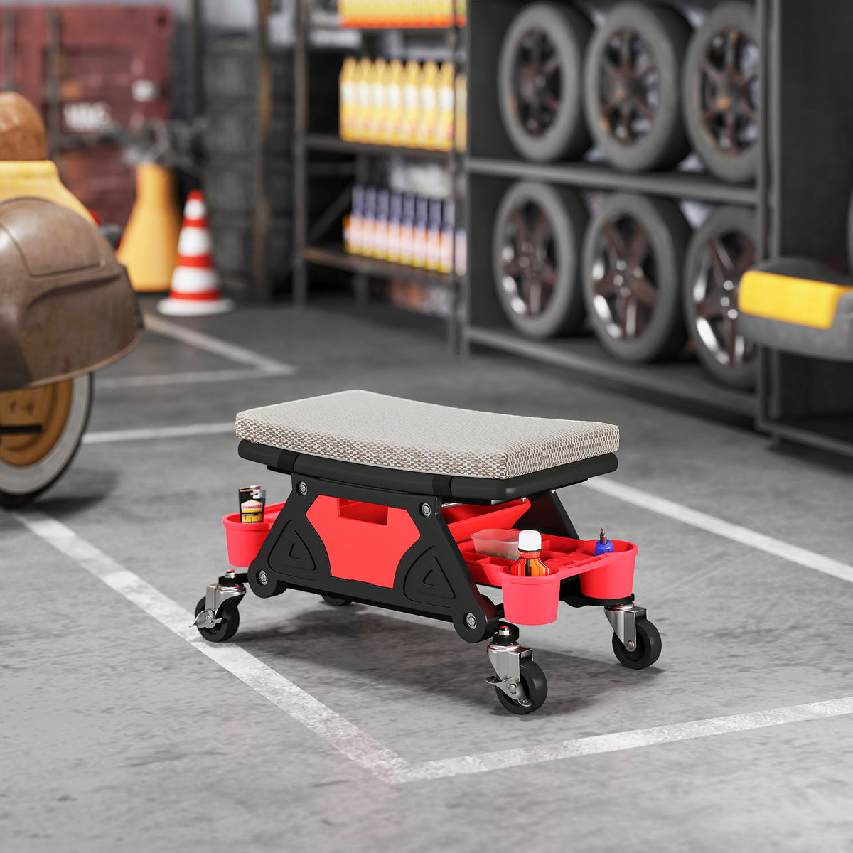 Werkstatthocker mit Rollen Ablagefläche 35cm hoch Rollhocker bis 135 kg belastbar Grau