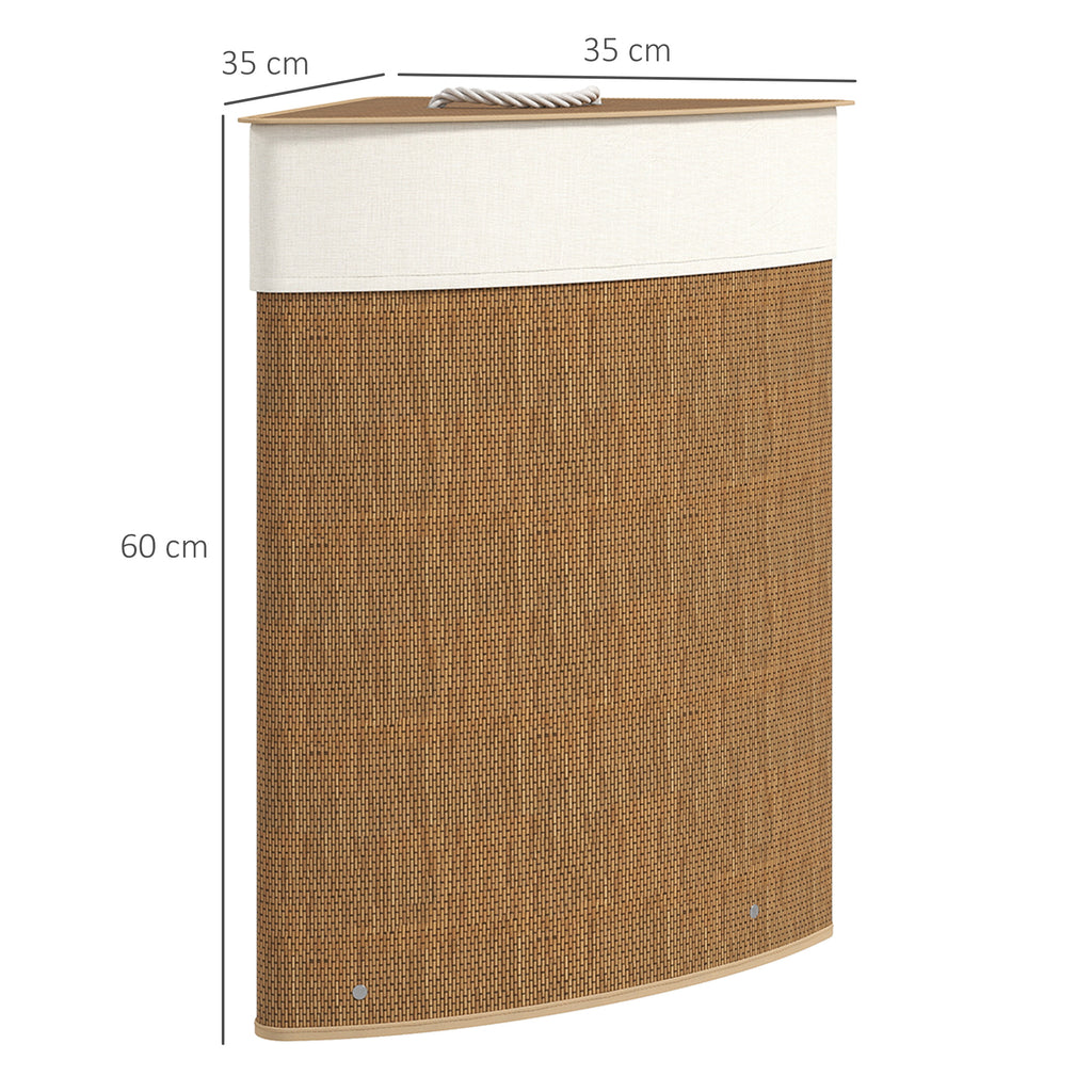 Wäschekorb im Eckdesign, Bambusgeflecht, 55 Liter, Stoffbeutel, Metallrahmen, Braun