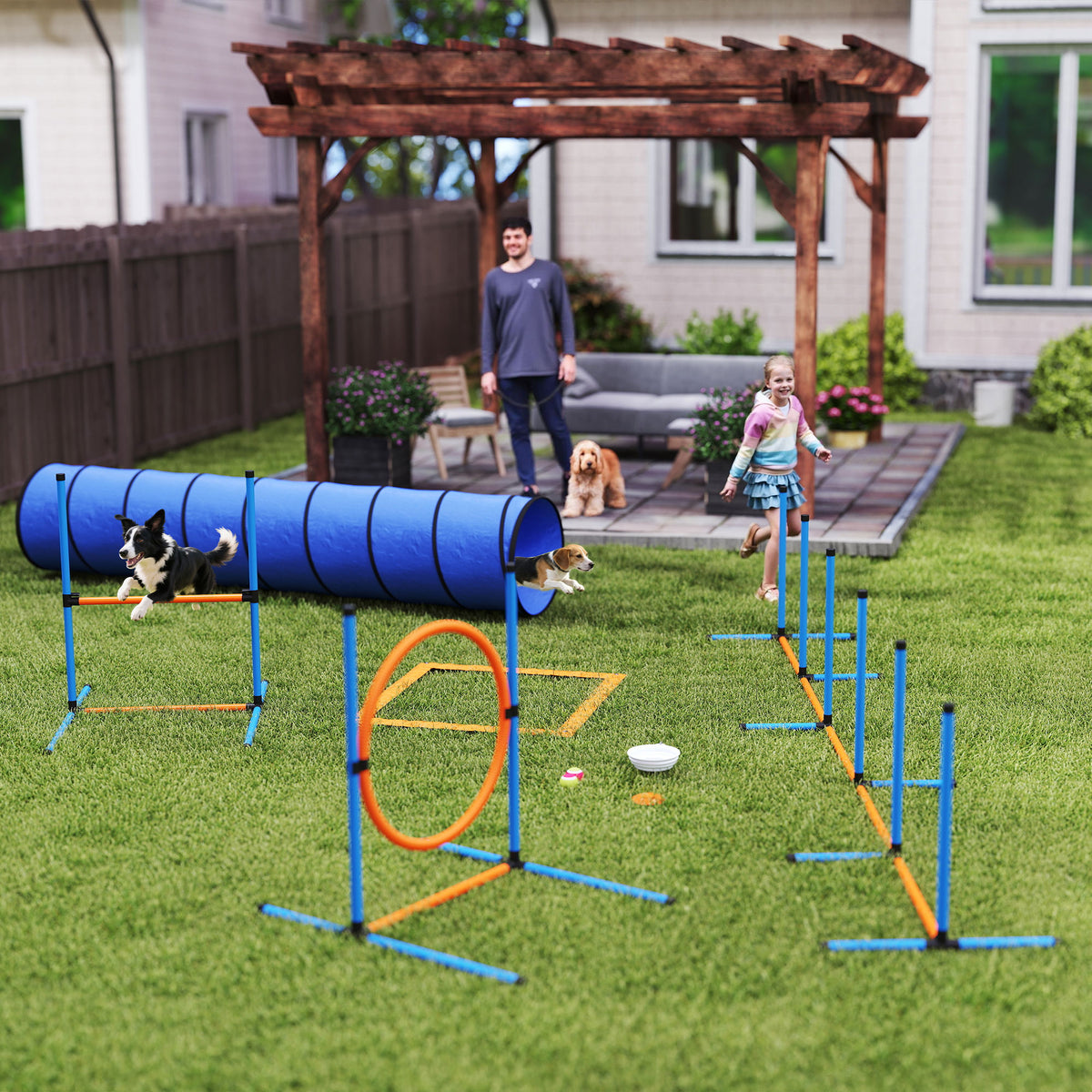 Dog Agility Equipment, 8PCS Agility Training Set with Tunnel, Weave Poles, Adjustable Hurdles, Jump Ring