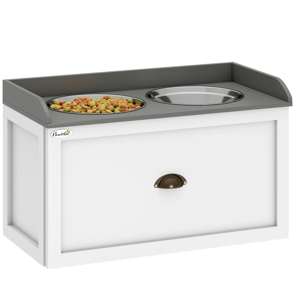Stainless Steel Raised Dog Bowls, with 21L Storage Drawer for Large Dogs and Cats - White