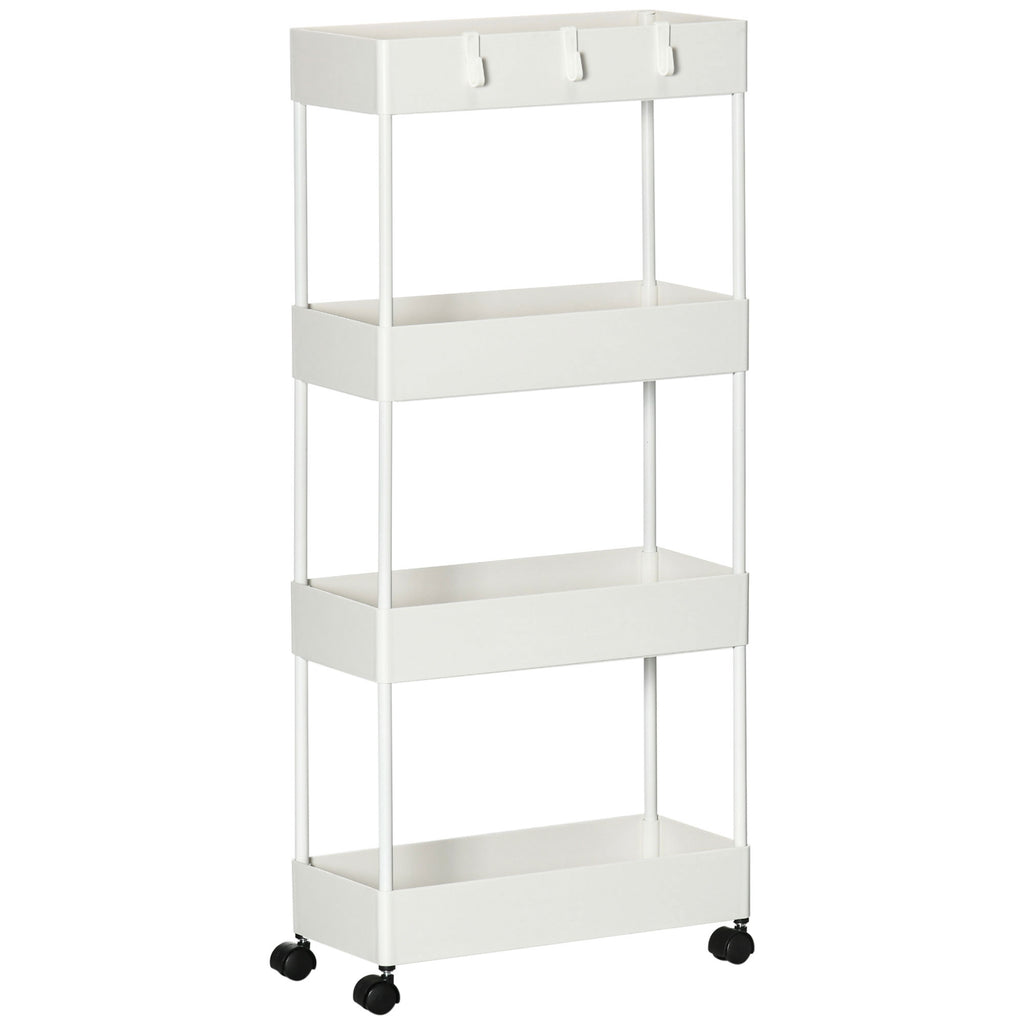 K¨¹chenwagen mit 4 Regalen, 4 flexiblen Haken, 4 Rollen, 40 cm x 19 cm x 90 cm, Nischenwagen, Wei?