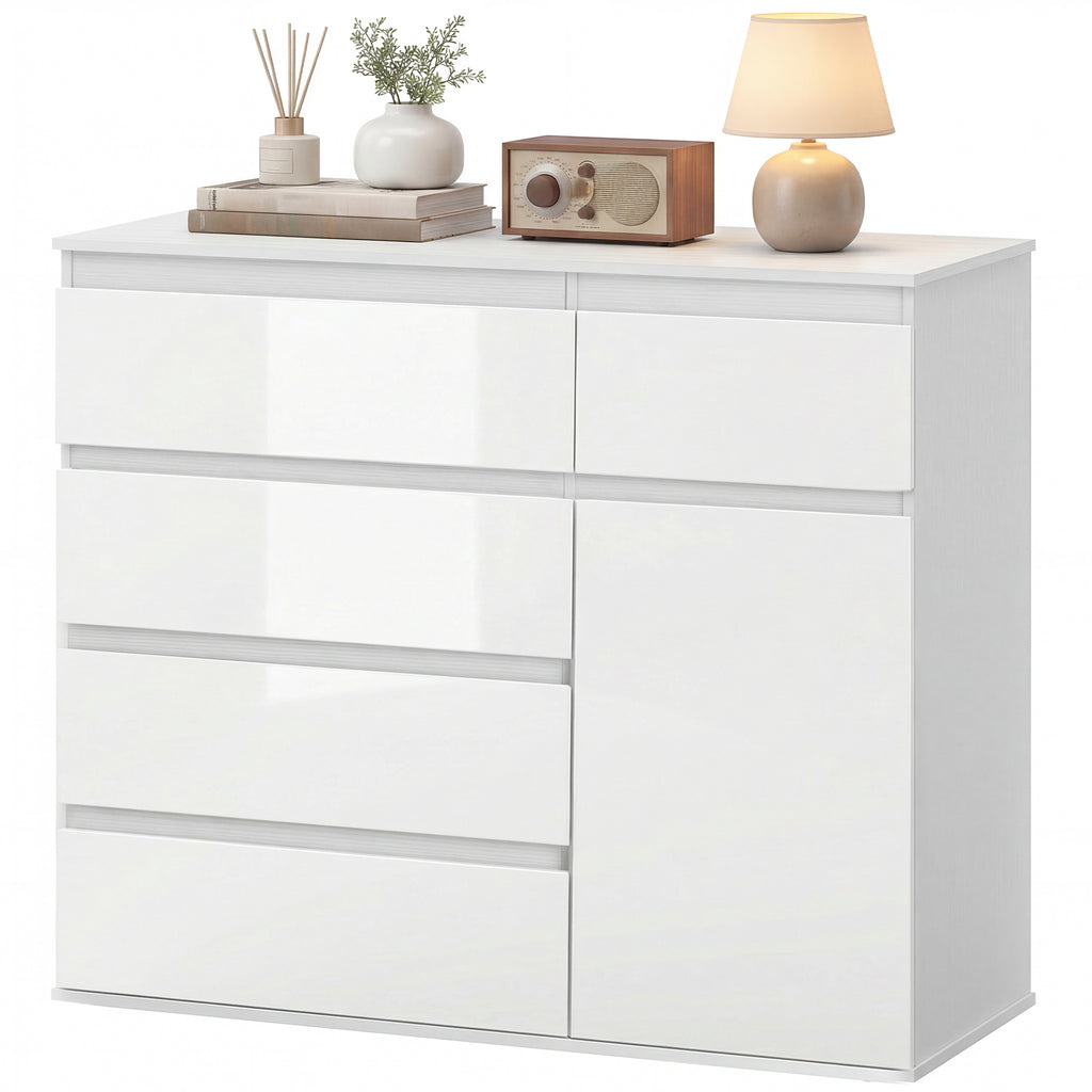 Modernes Sideboard, Stauraum-Sideboard mit 5 Schubladen, verstellbarem Regal, Soft-Close-Tür, Weiß Hochglanz