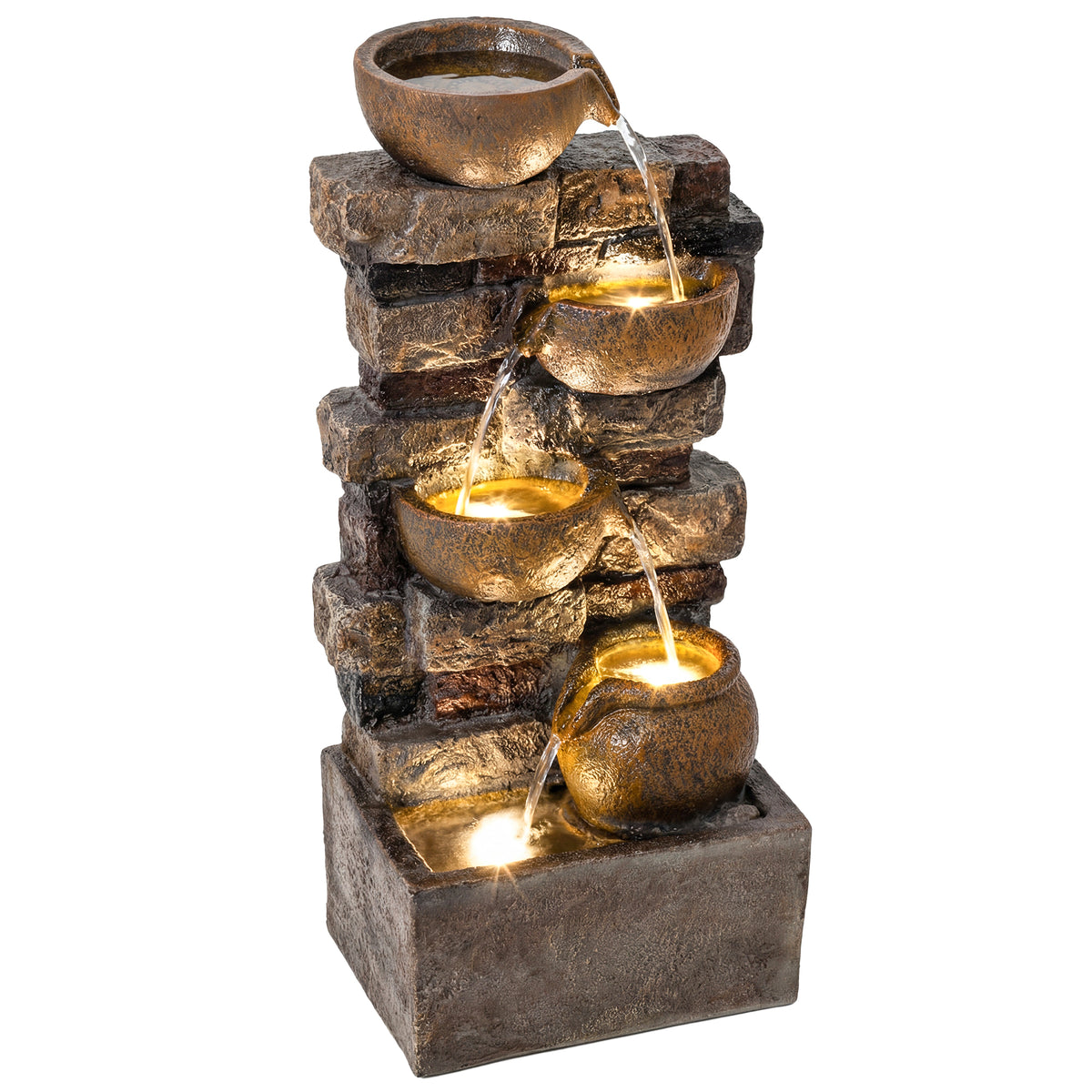 Springbrunnen 5-stufig Gartenbrunnen mit LED Beleuchtung Steinoptik Pumpe, Verstellbar 31 x 25,5 x 72 cm