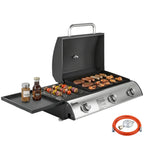 Gasgrill 7,5 KW Tragbarer Tischgrill mit 3 Brenner Seitentisch Bratenplatte Emaille-Grillroste Fettauffangschale