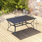Rectangle Garden Dining Table with Parasol Hole, Patio Table with Steel Frame and Slat Tabletop, 150cm x 90cm, Black