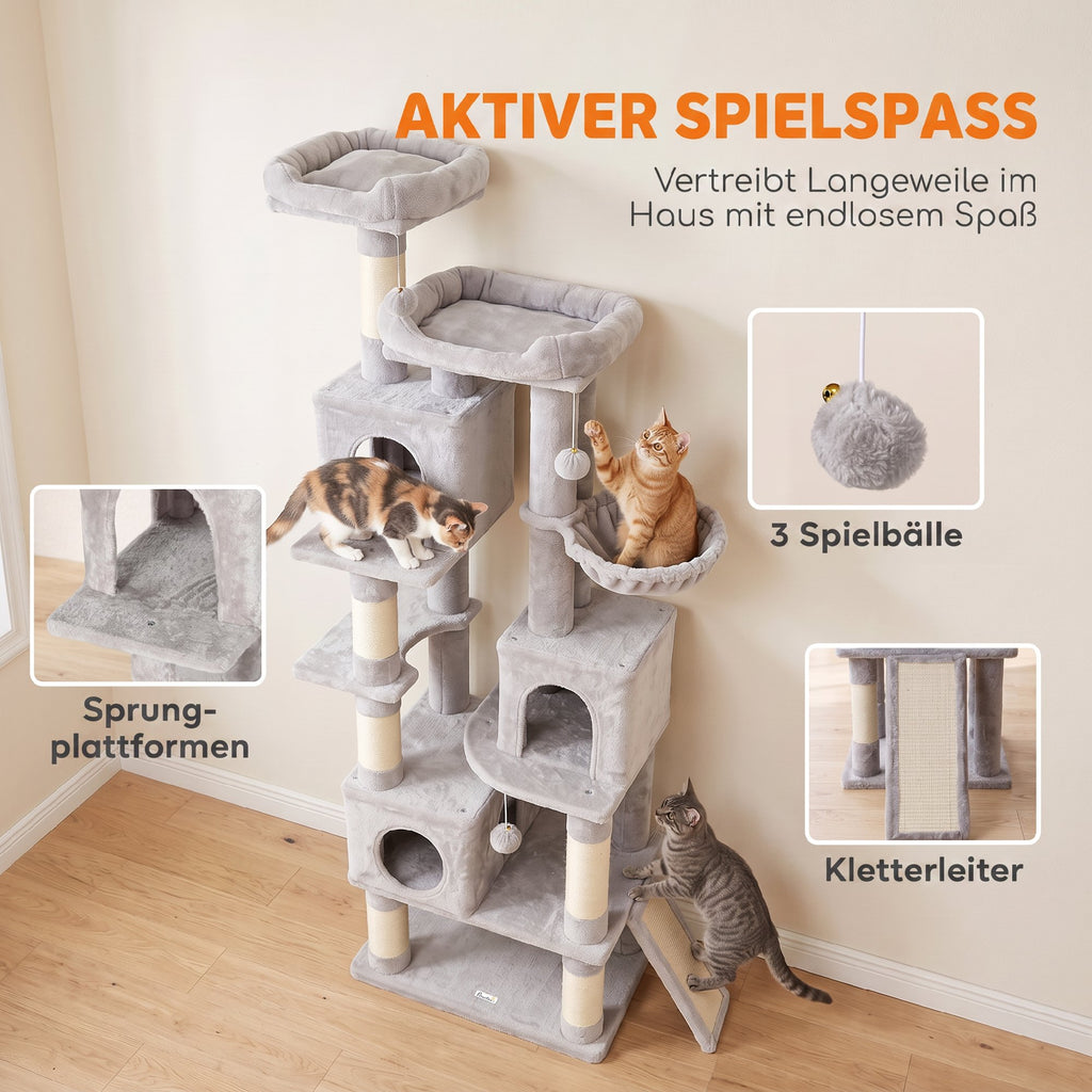 Kratzbaum Große, 200 cm hoch Katzenbaum mit 2 Betten, 3 Höhlen, Hängematte, 3 Bällen für 1-3 Katzen unter 6 kg, Hellgrau