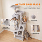 Kratzbaum Große, 200 cm hoch Katzenbaum mit 2 Betten, 3 Höhlen, Hängematte, 3 Bällen für 1-3 Katzen unter 6 kg, Hellgrau