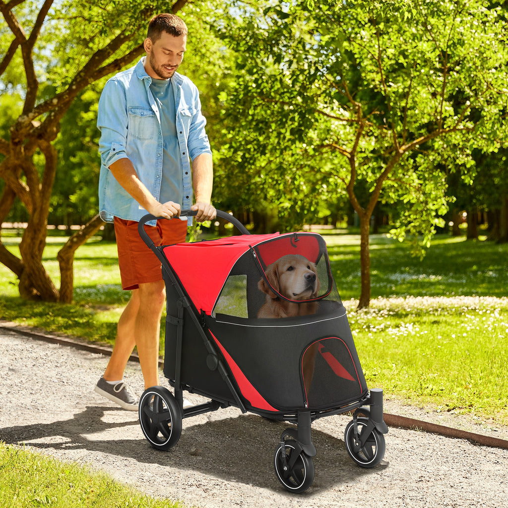 Foldable Pet Stroller, with Universal Wheels, Shock Absorbers, for Medium and Large Dogs, Red