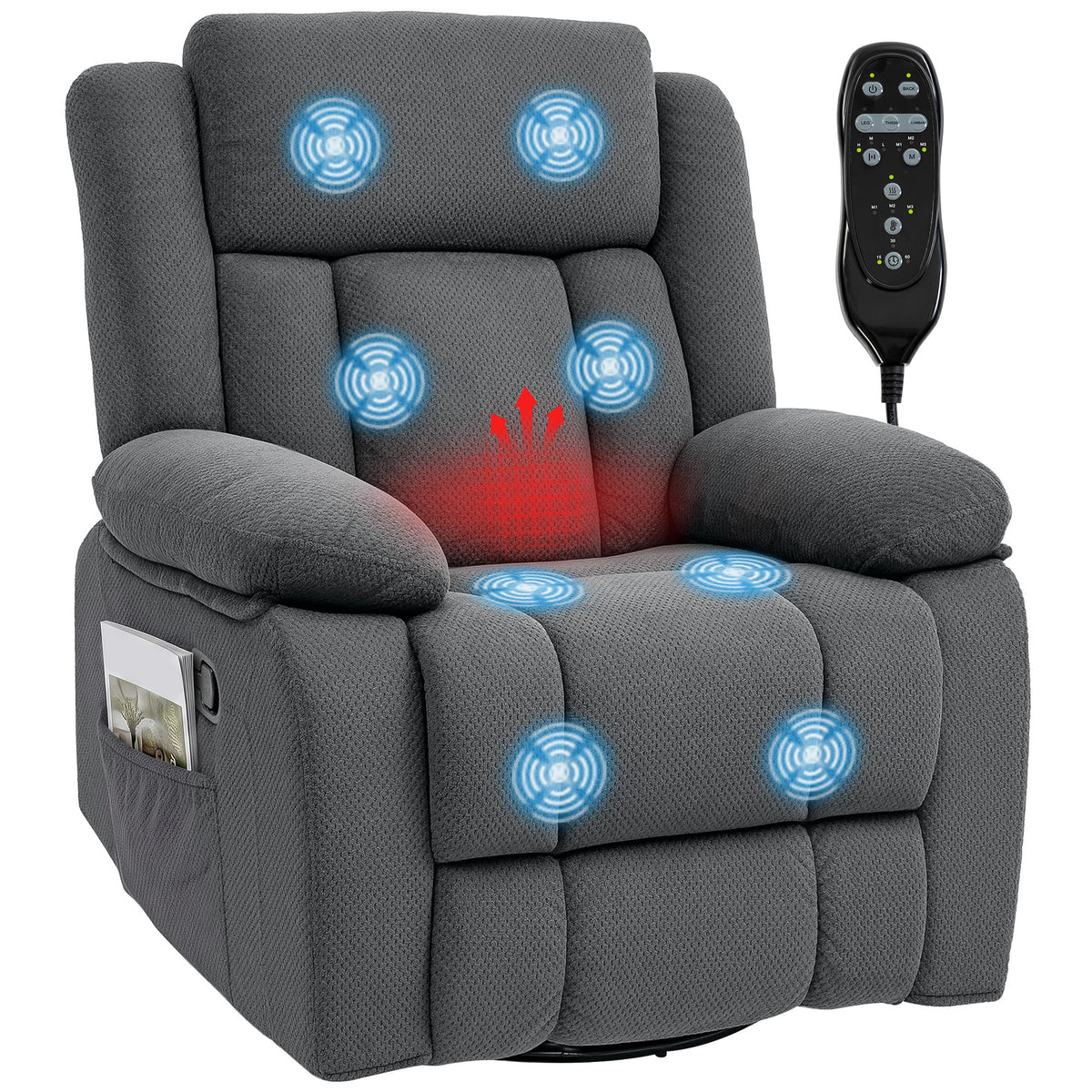 Relaxsessel mit Vibrationsmassage und Wärme, manuell verstellbarer Drehsessel mit Schaukelfunktion und Taschenfederkern, Grau
