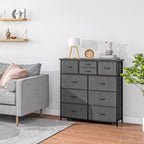 Bedroom Chest of Drawers, 10 Drawer Dresser with Foldable Fabric Drawers and Steel Frame, Black