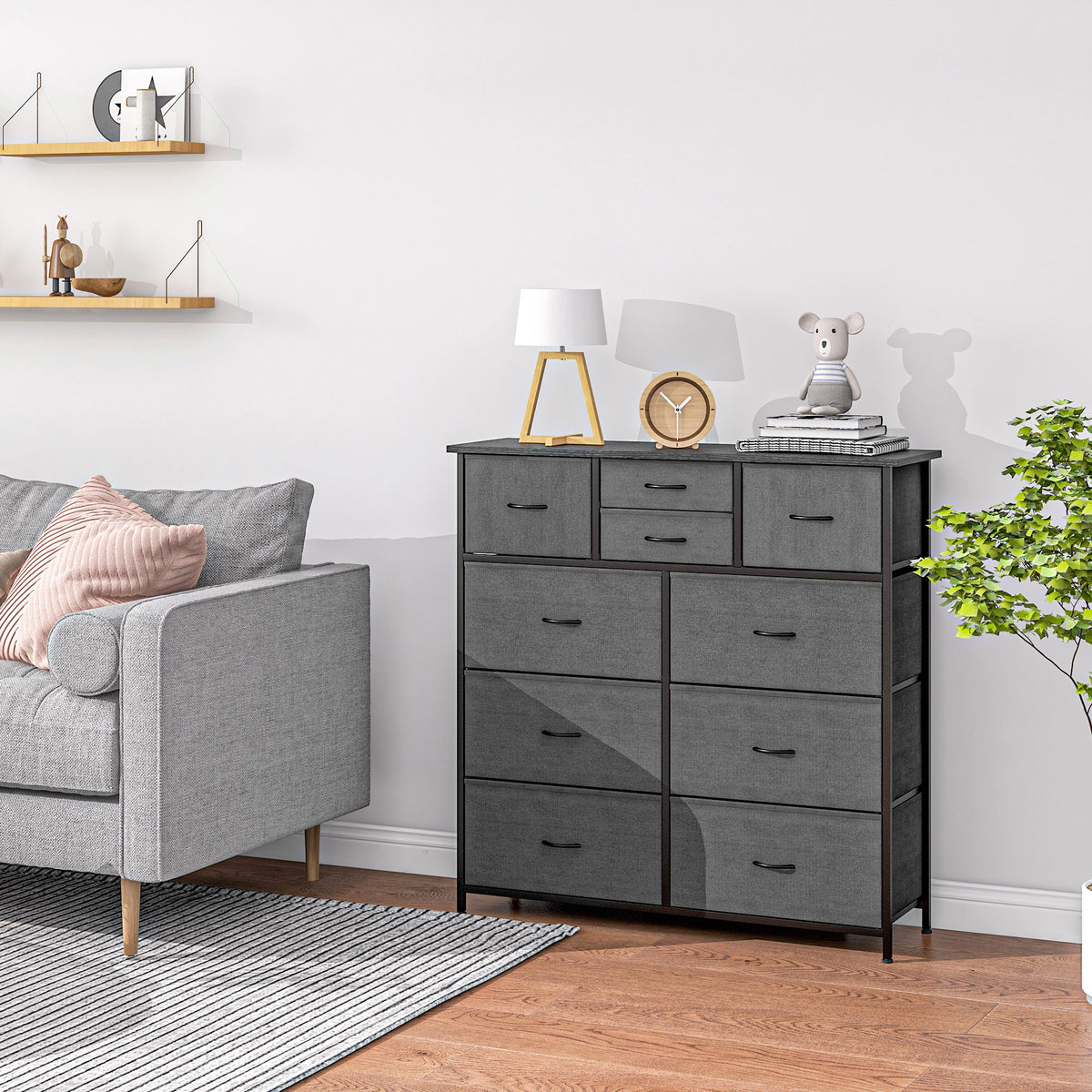 Bedroom Chest of Drawers, 10 Drawer Dresser with Foldable Fabric Drawers and Steel Frame, Black